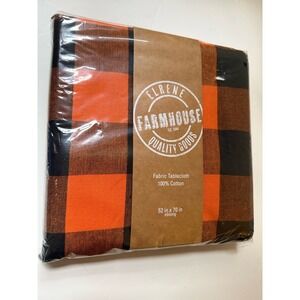 Elrene Farmhouse Tablecloth Orange & Black Buffalo Plaid Cotton 52 X 70" New
